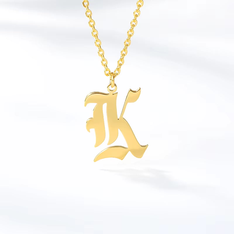A-Z Initial Letter Necklace for Women Stainless Steel Clavicle Chain Old English Font Necklaces Pendants Jewelry Collier Femme