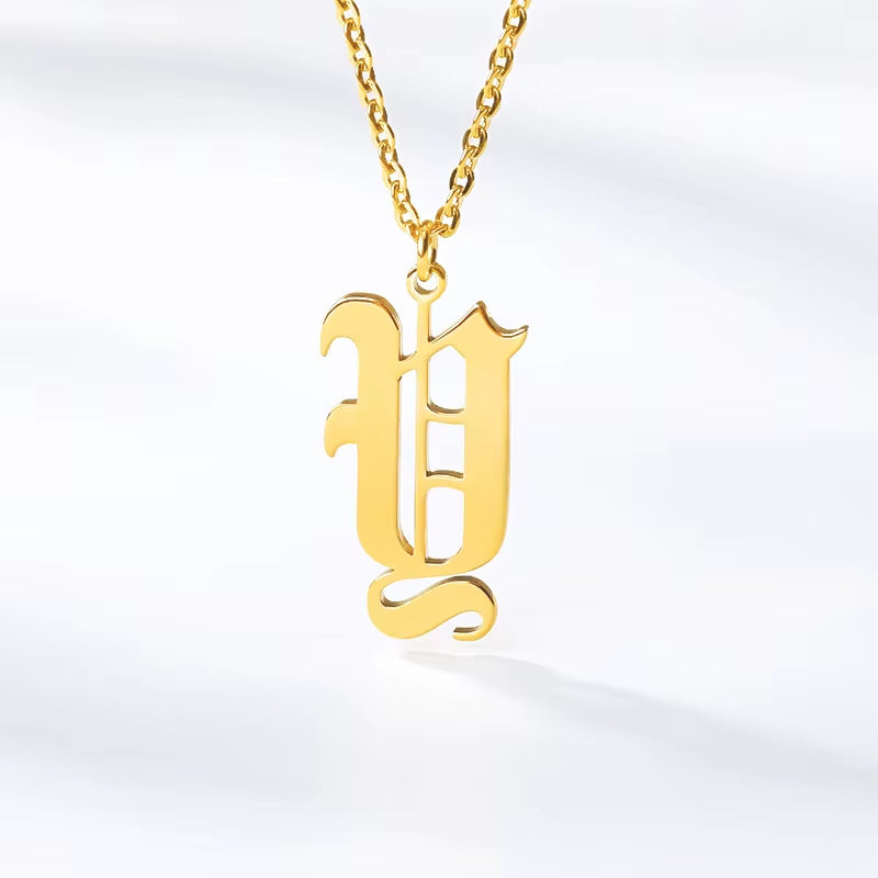 A-Z Initial Letter Necklace for Women Stainless Steel Clavicle Chain Old English Font Necklaces Pendants Jewelry Collier Femme
