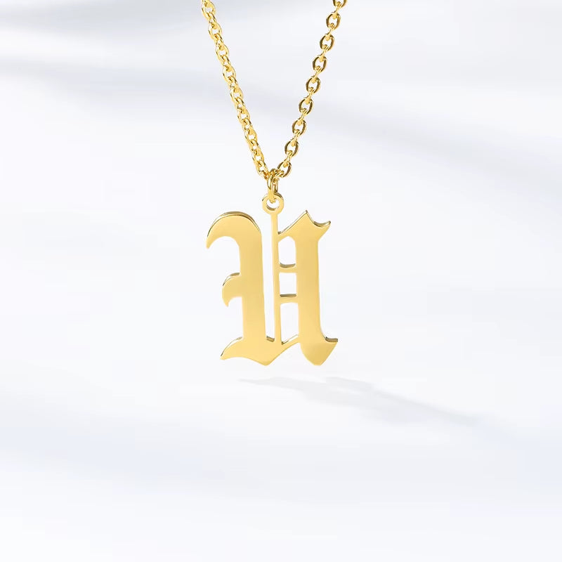 A-Z Initial Letter Necklace for Women Stainless Steel Clavicle Chain Old English Font Necklaces Pendants Jewelry Collier Femme