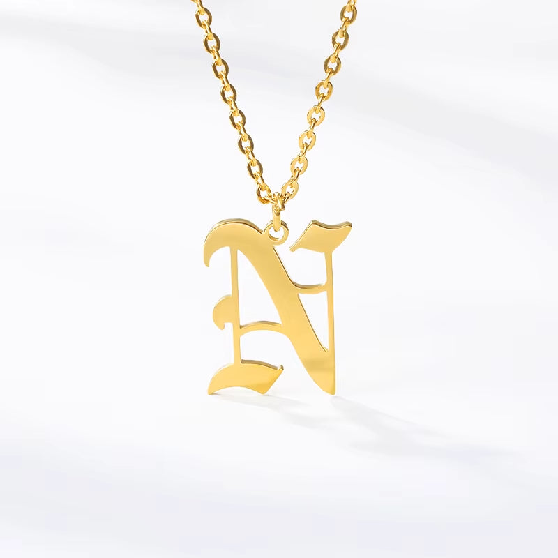 A-Z Initial Letter Necklace for Women Stainless Steel Clavicle Chain Old English Font Necklaces Pendants Jewelry Collier Femme