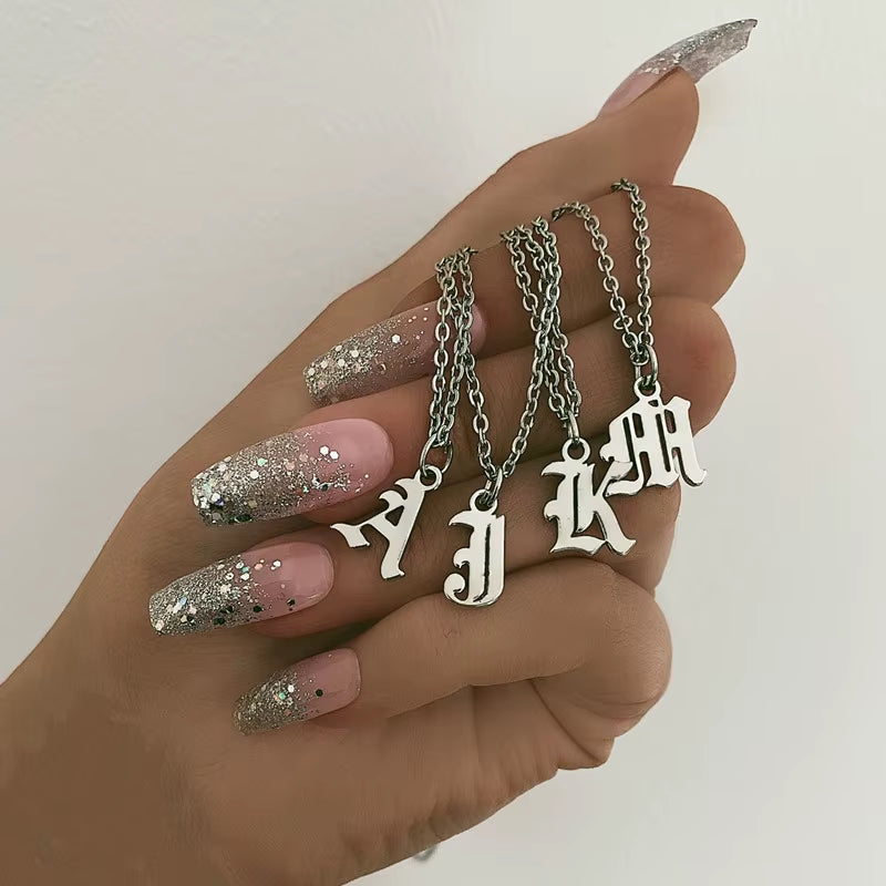 A-Z Initial Letter Necklace for Women Stainless Steel Clavicle Chain Old English Font Necklaces Pendants Jewelry Collier Femme