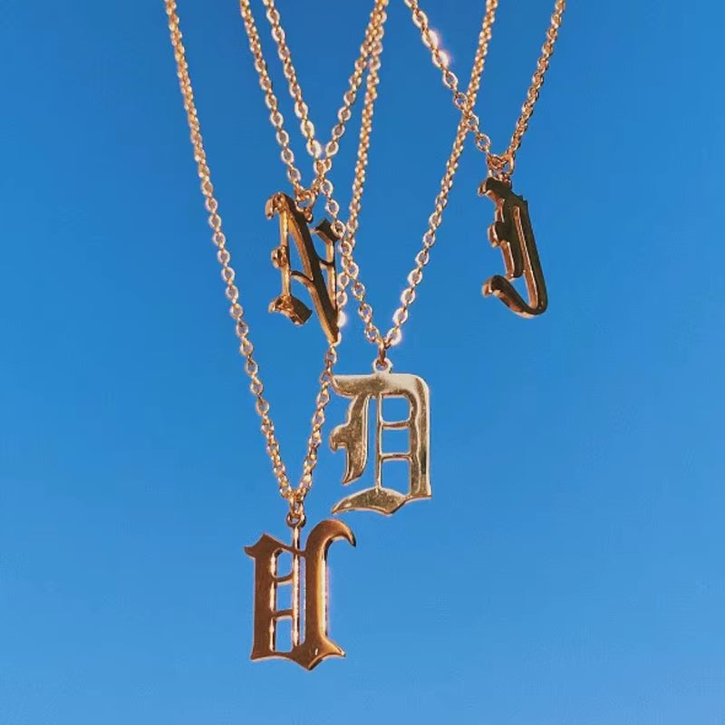 A-Z Initial Letter Necklace for Women Stainless Steel Clavicle Chain Old English Font Necklaces Pendants Jewelry Collier Femme