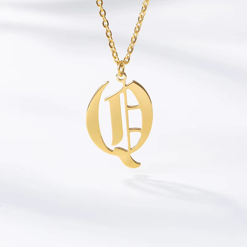 A-Z Initial Letter Necklace for Women Stainless Steel Clavicle Chain Old English Font Necklaces Pendants Jewelry Collier Femme