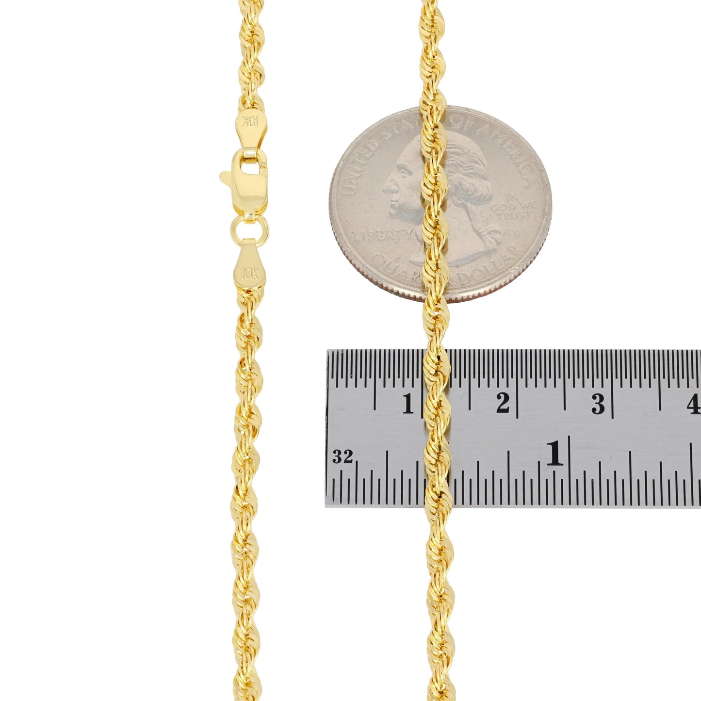 10K Real Yellow Gold 3Mm Rope Chain Diamond Cut Lightweight Necklace (16"-30") Italian Jewelry for Men & Women
