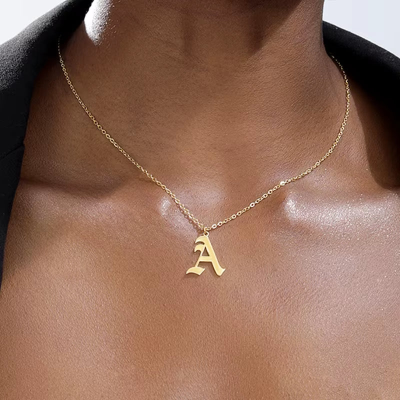 A-Z Initial Letter Necklace for Women Stainless Steel Clavicle Chain Old English Font Necklaces Pendants Jewelry Collier Femme