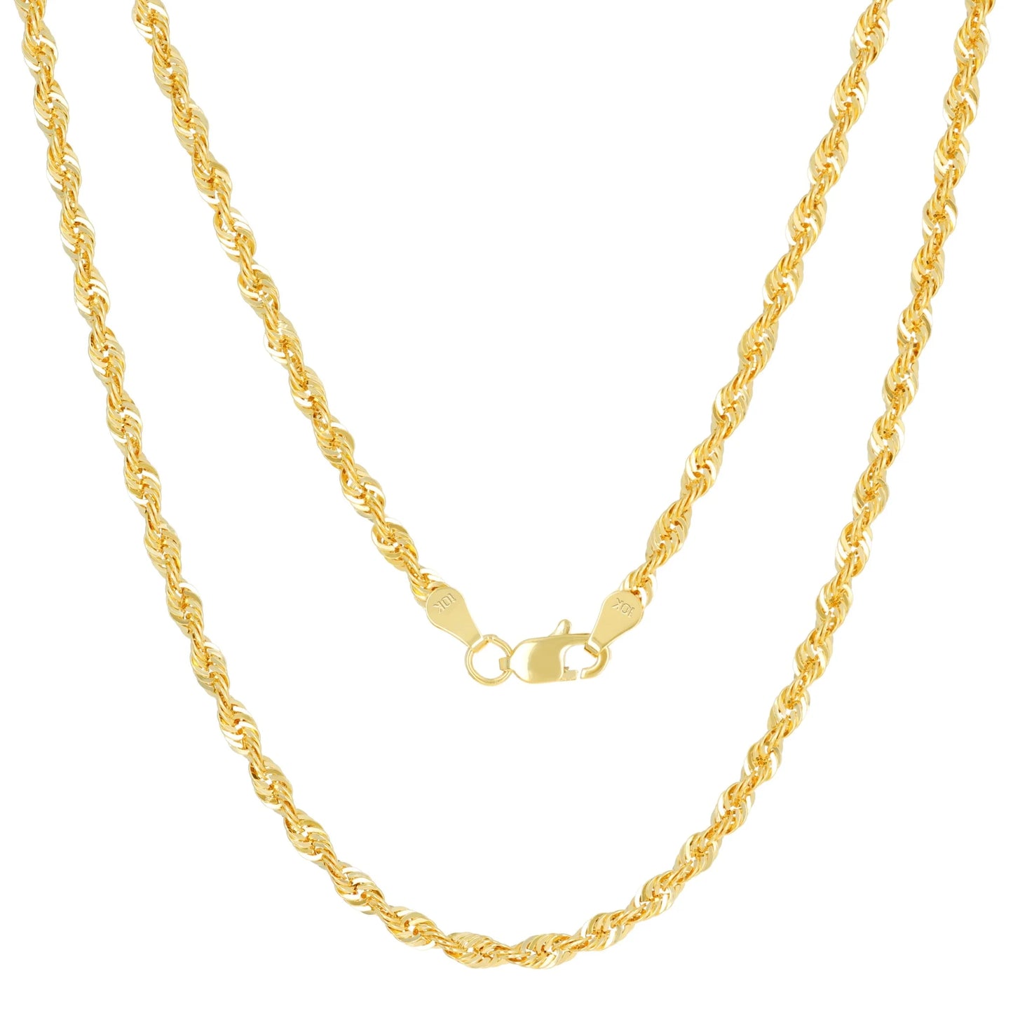 10K Real Yellow Gold 3Mm Rope Chain Diamond Cut Lightweight Necklace (16"-30") Italian Jewelry for Men & Women