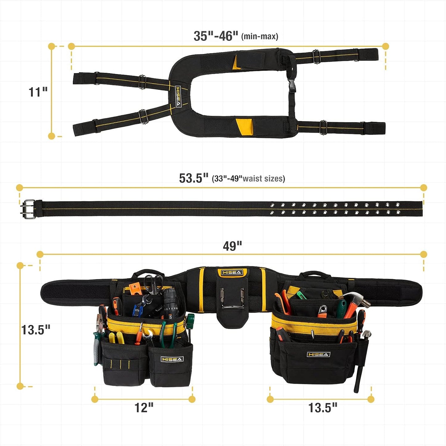 Electrician Tool Pouch, Carpenter Tool Belts for Men, Tool Belt Suspenders with 31 Pockets, Adjustable Hvac Tools Work Belt with Suspenders