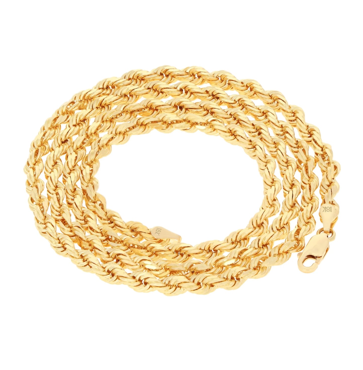 18K Real Yellow Gold 4Mm Rope Chain Diamond Cut Necklace (16"-28") Italian Jewelry for Men & Women