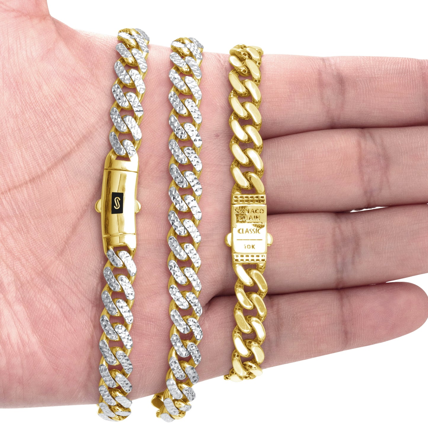10K Real Yellow Gold Royal Monaco 7.5Mm Miami Cuban Diamond Cut Pave Link Necklace (18"-30") Two Tone Italian Jewelry for Men