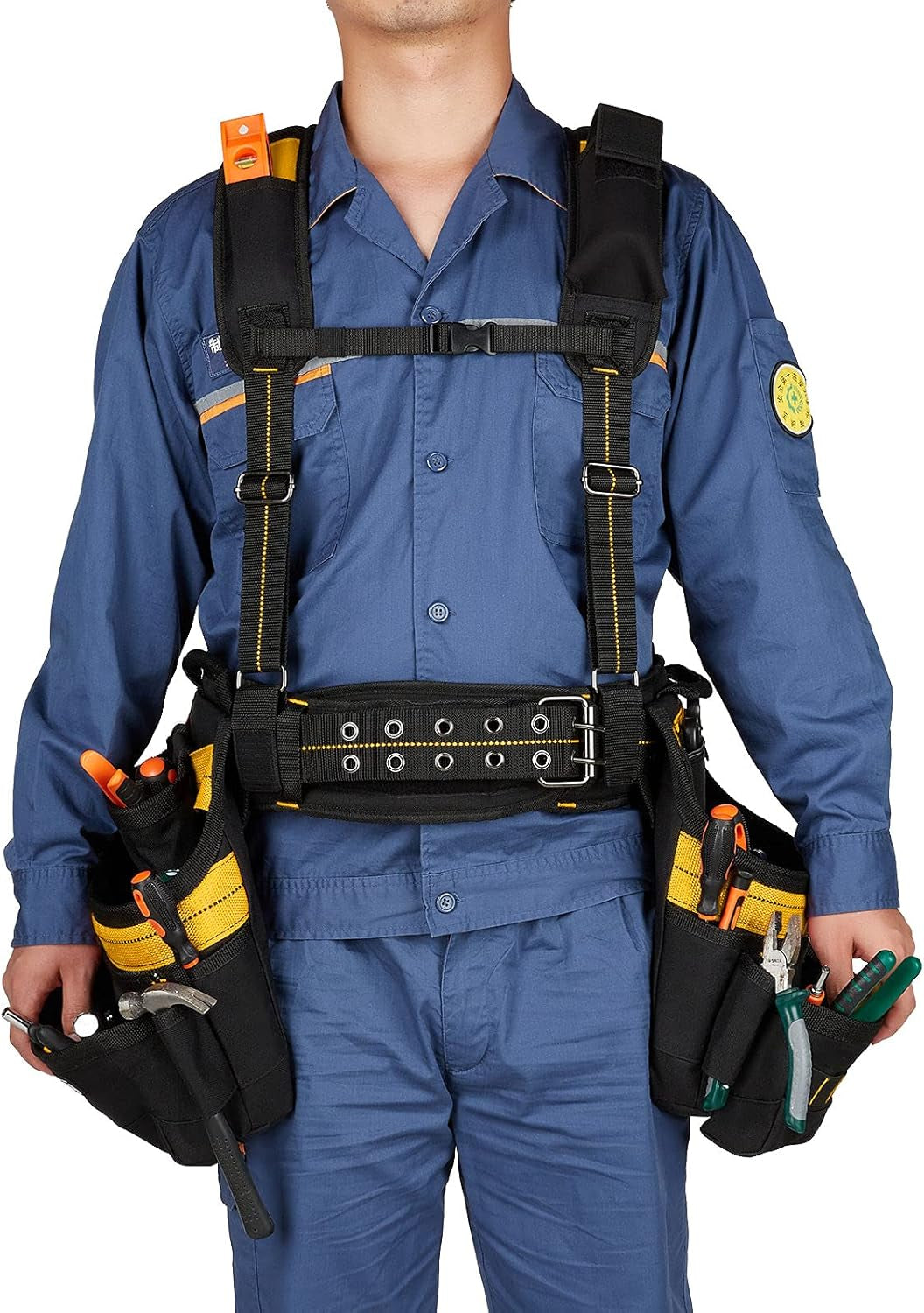 Electrician Tool Pouch, Carpenter Tool Belts for Men, Tool Belt Suspenders with 31 Pockets, Adjustable Hvac Tools Work Belt with Suspenders