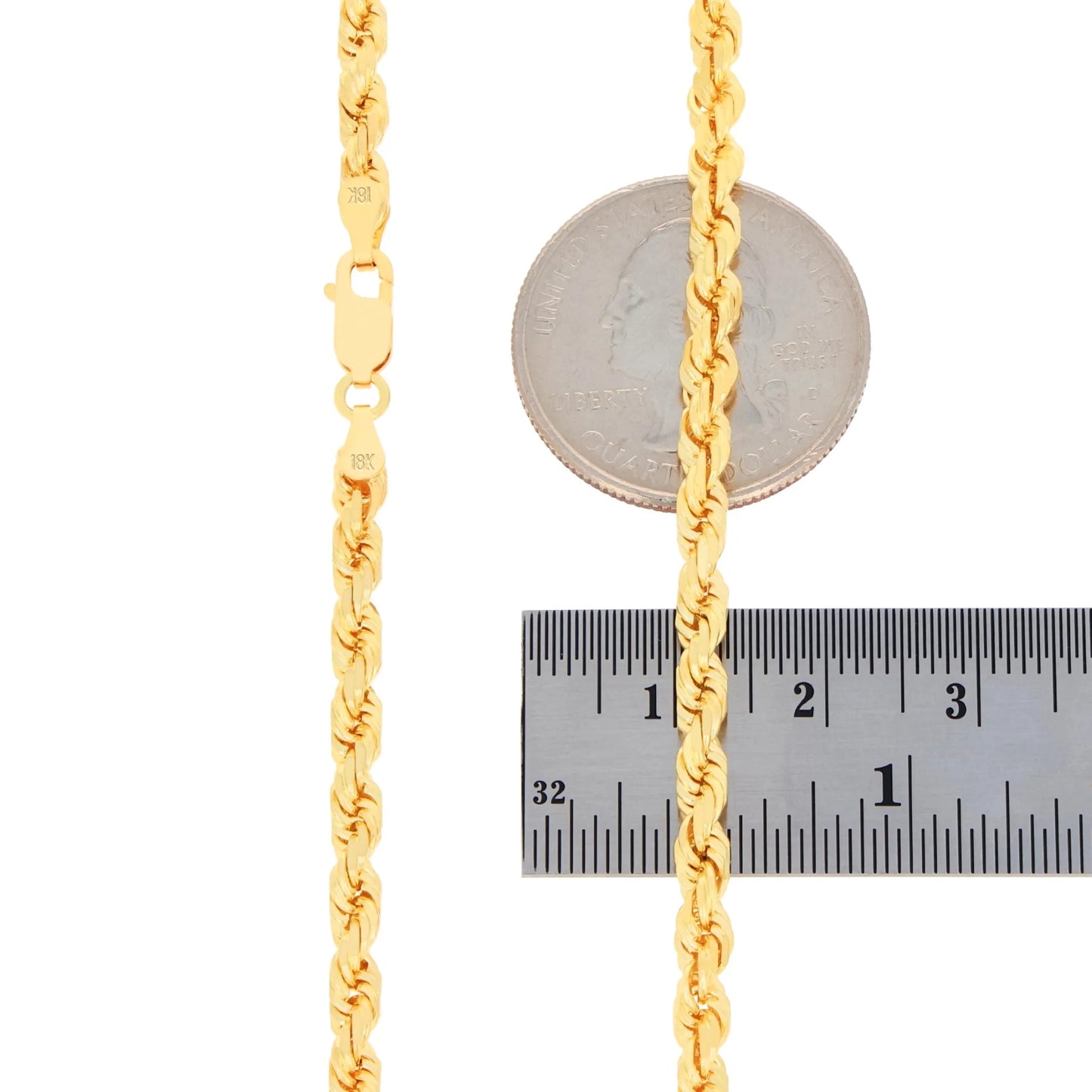 18K Real Yellow Gold 4Mm Rope Chain Diamond Cut Necklace (16"-28") Italian Jewelry for Men & Women