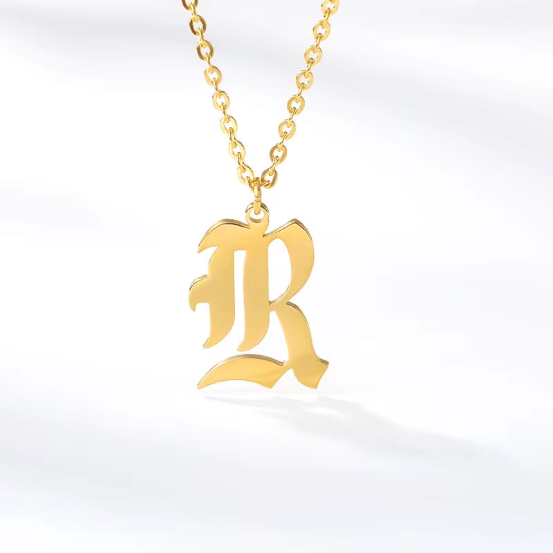 A-Z Initial Letter Necklace for Women Stainless Steel Clavicle Chain Old English Font Necklaces Pendants Jewelry Collier Femme