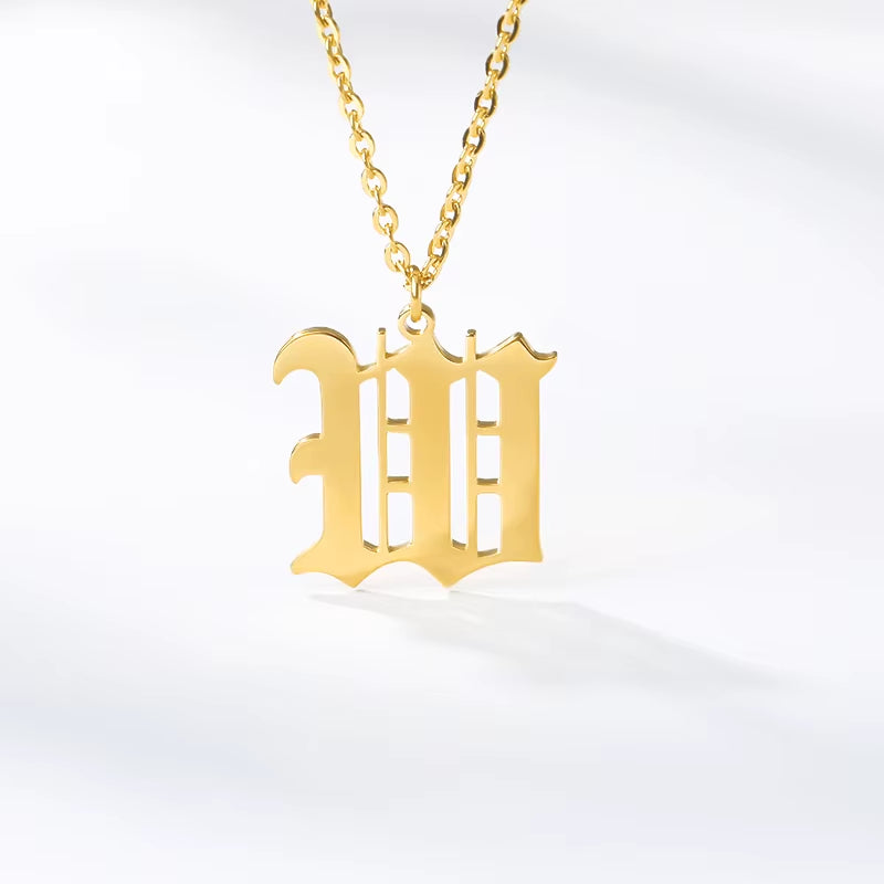 A-Z Initial Letter Necklace for Women Stainless Steel Clavicle Chain Old English Font Necklaces Pendants Jewelry Collier Femme