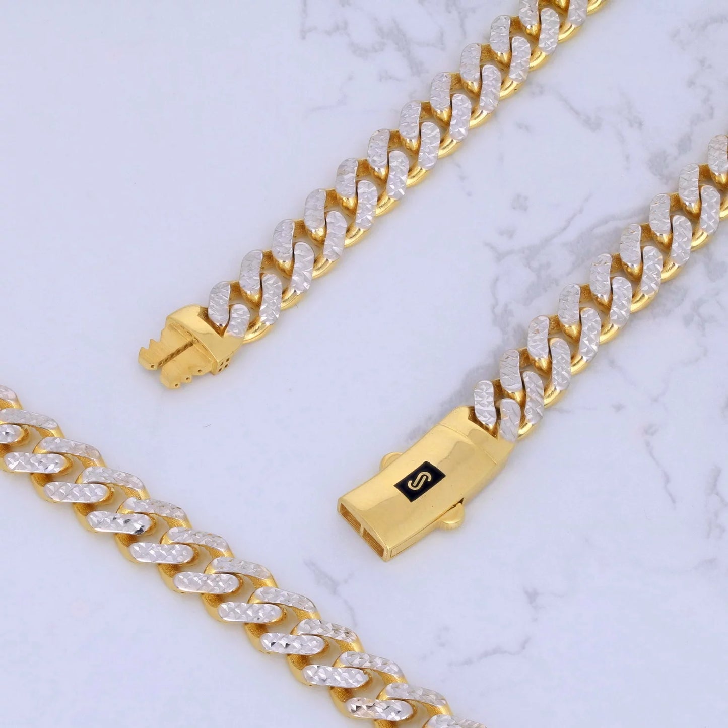 10K Real Yellow Gold Royal Monaco 7.5Mm Miami Cuban Diamond Cut Pave Link Necklace (18"-30") Two Tone Italian Jewelry for Men