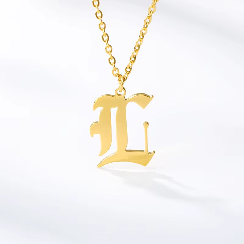 A-Z Initial Letter Necklace for Women Stainless Steel Clavicle Chain Old English Font Necklaces Pendants Jewelry Collier Femme