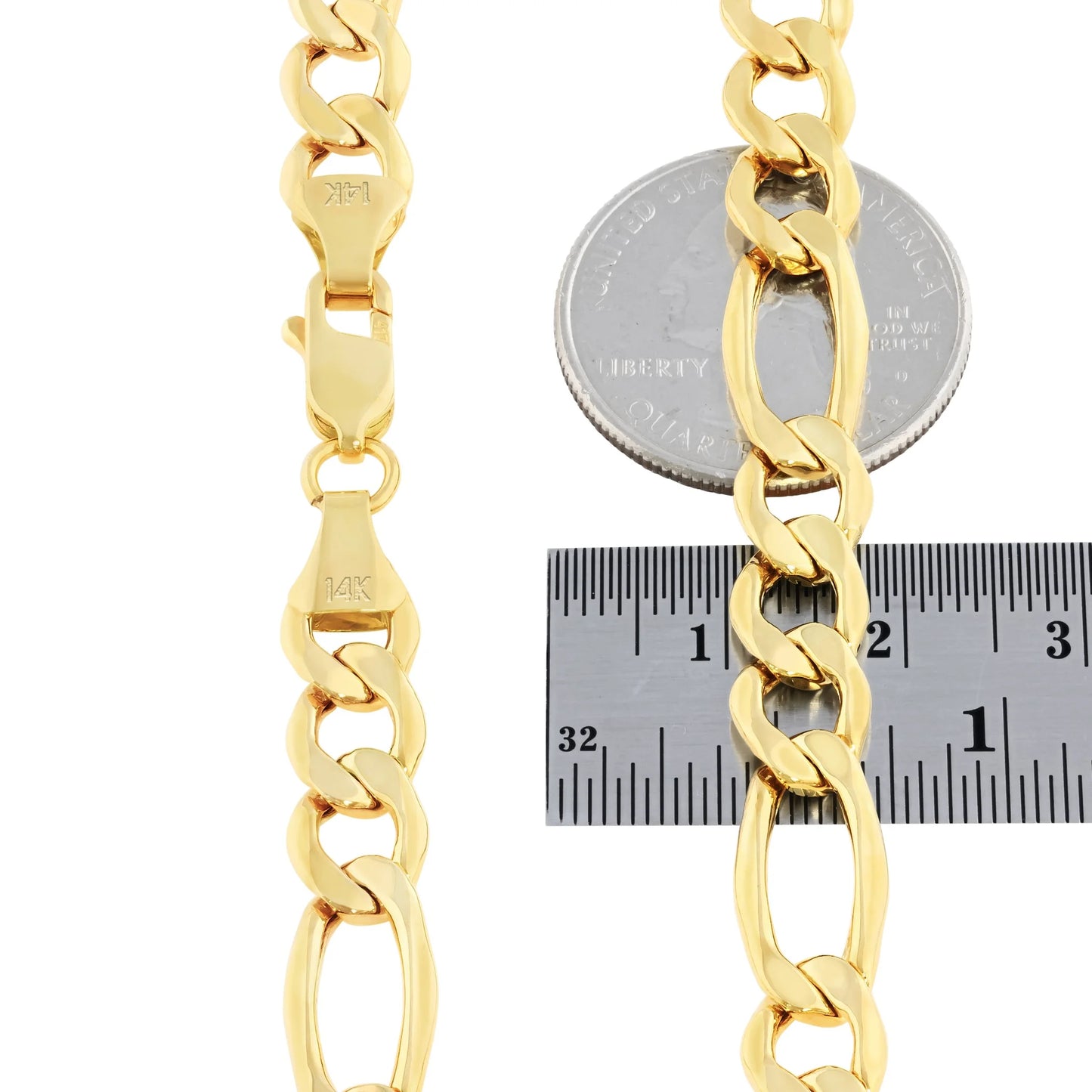 14K Real Yellow Gold Figaro Link 7.5Mm Chain Necklace (18"-30") Italian Jewelry for Men