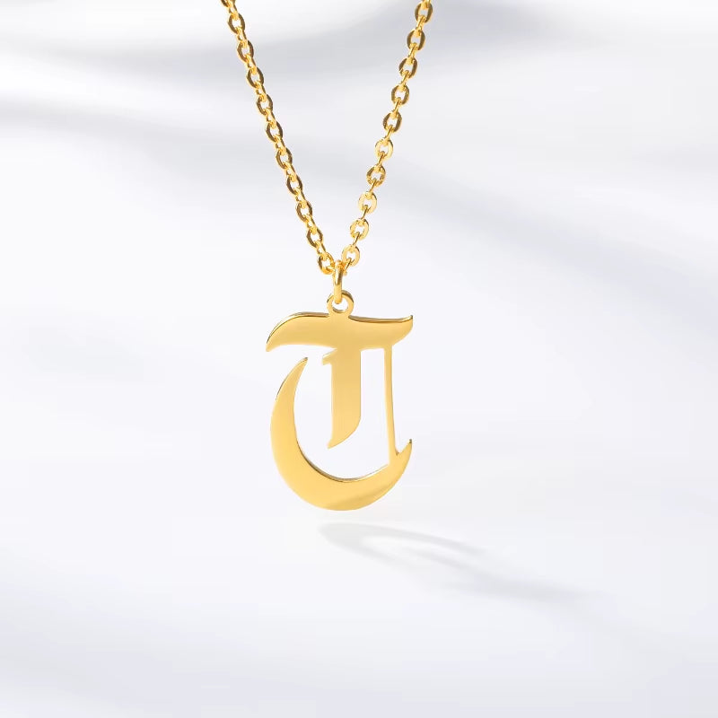 A-Z Initial Letter Necklace for Women Stainless Steel Clavicle Chain Old English Font Necklaces Pendants Jewelry Collier Femme