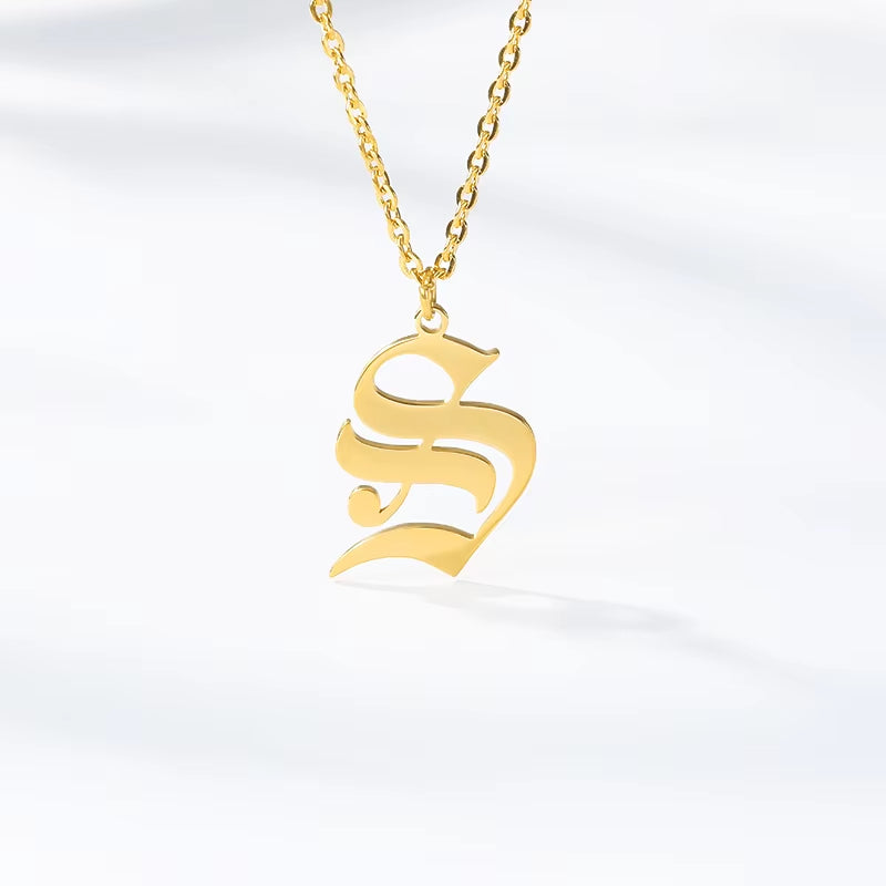 A-Z Initial Letter Necklace for Women Stainless Steel Clavicle Chain Old English Font Necklaces Pendants Jewelry Collier Femme
