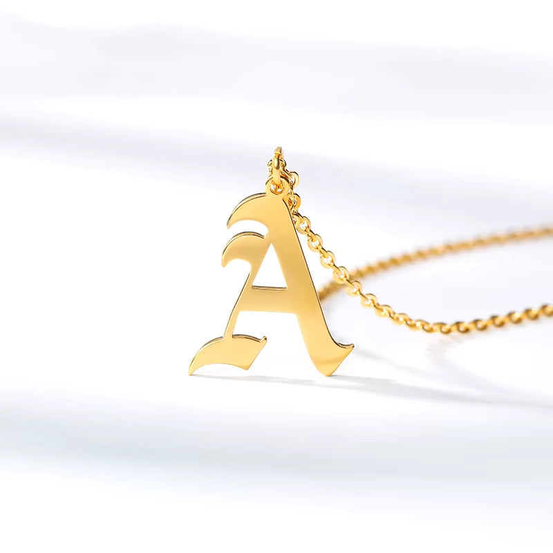 A-Z Initial Letter Necklace for Women Stainless Steel Clavicle Chain Old English Font Necklaces Pendants Jewelry Collier Femme