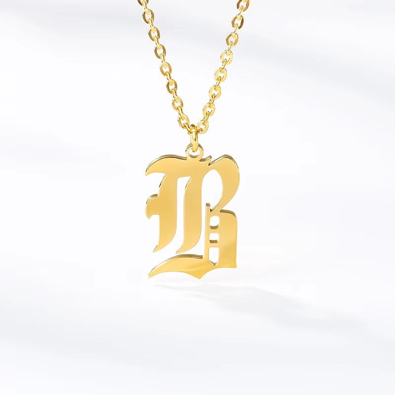 A-Z Initial Letter Necklace for Women Stainless Steel Clavicle Chain Old English Font Necklaces Pendants Jewelry Collier Femme