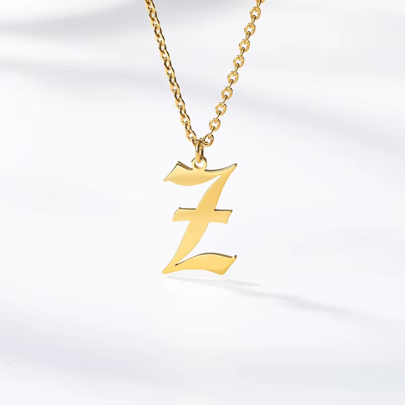 A-Z Initial Letter Necklace for Women Stainless Steel Clavicle Chain Old English Font Necklaces Pendants Jewelry Collier Femme