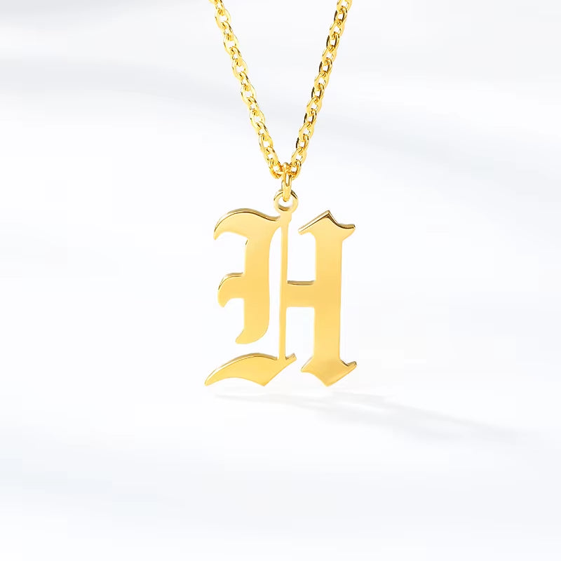 A-Z Initial Letter Necklace for Women Stainless Steel Clavicle Chain Old English Font Necklaces Pendants Jewelry Collier Femme