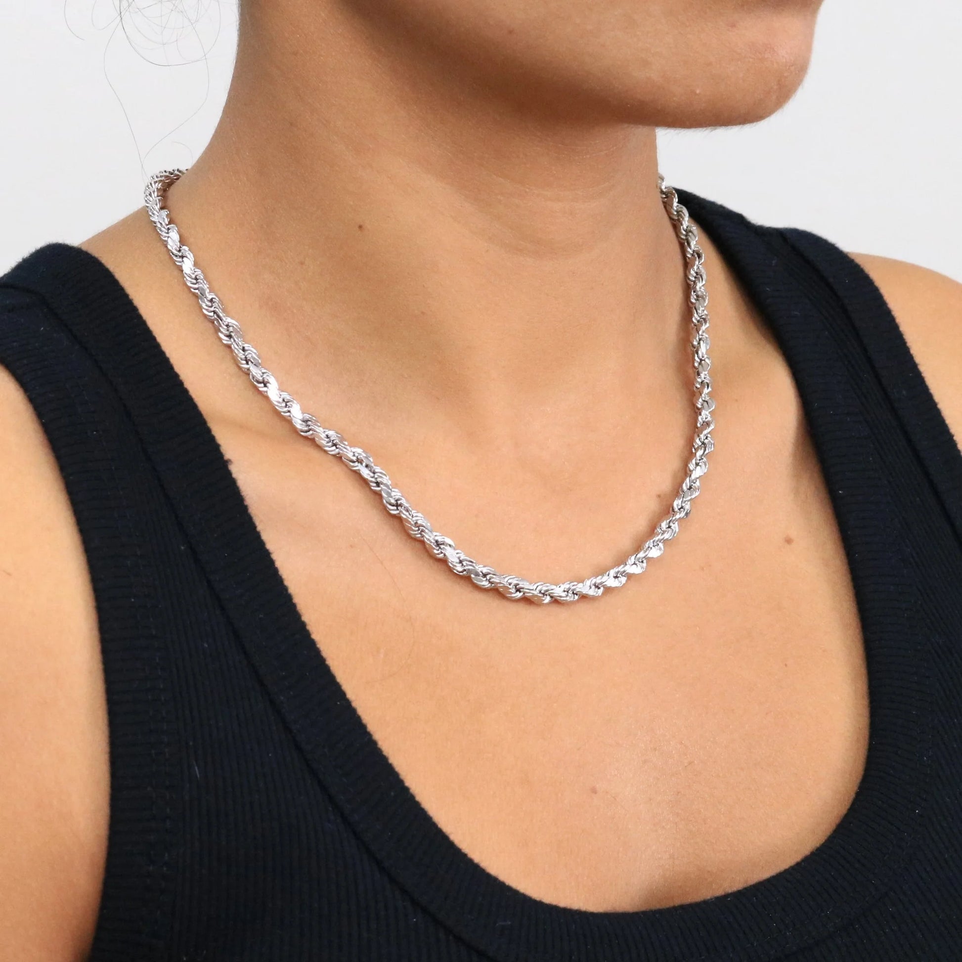 10K Real White Gold 5Mm Rope Chain Diamond Cut Necklace (18"-30") Italian Jewelry for Men & Women