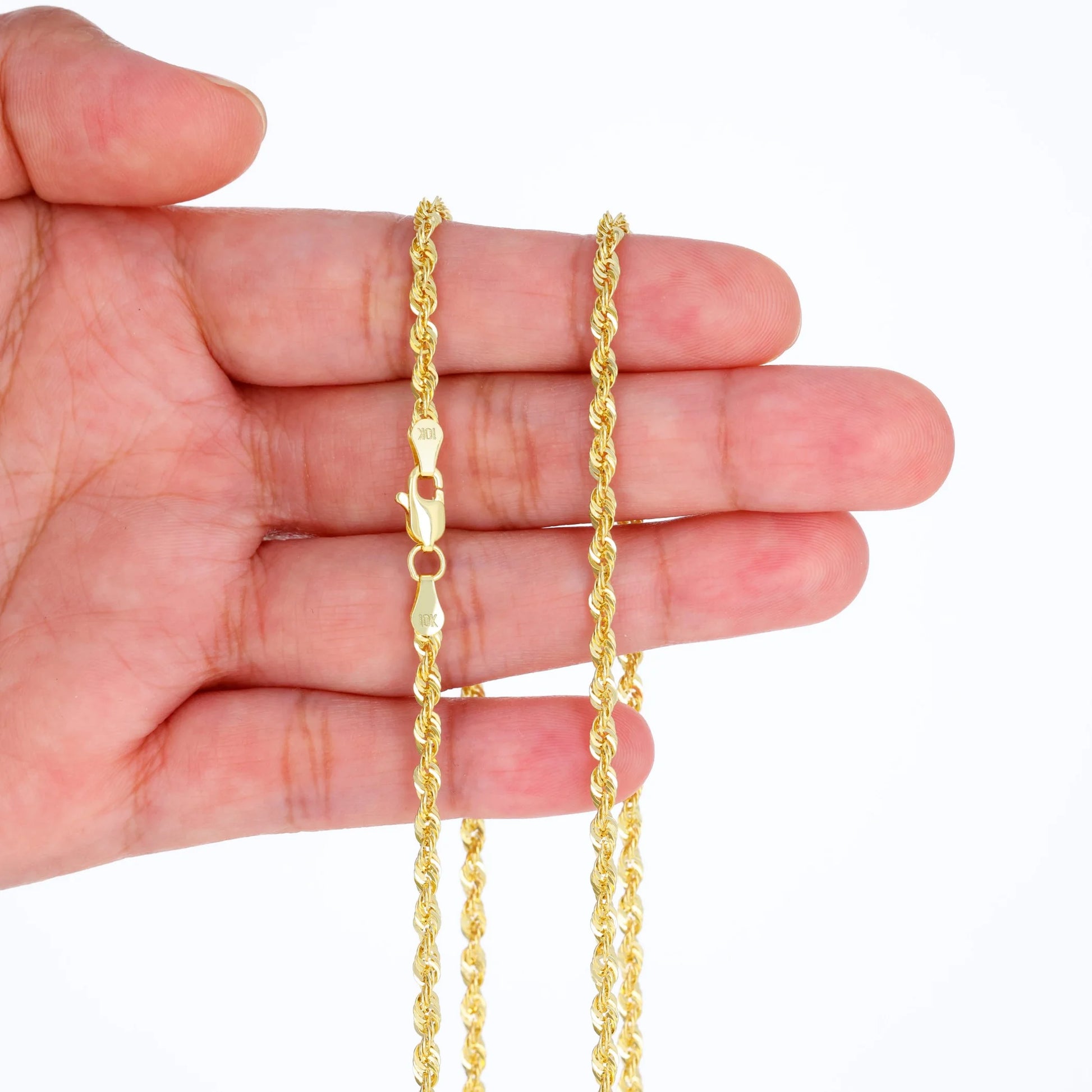 10K Real Yellow Gold 3Mm Rope Chain Diamond Cut Lightweight Necklace (16"-30") Italian Jewelry for Men & Women