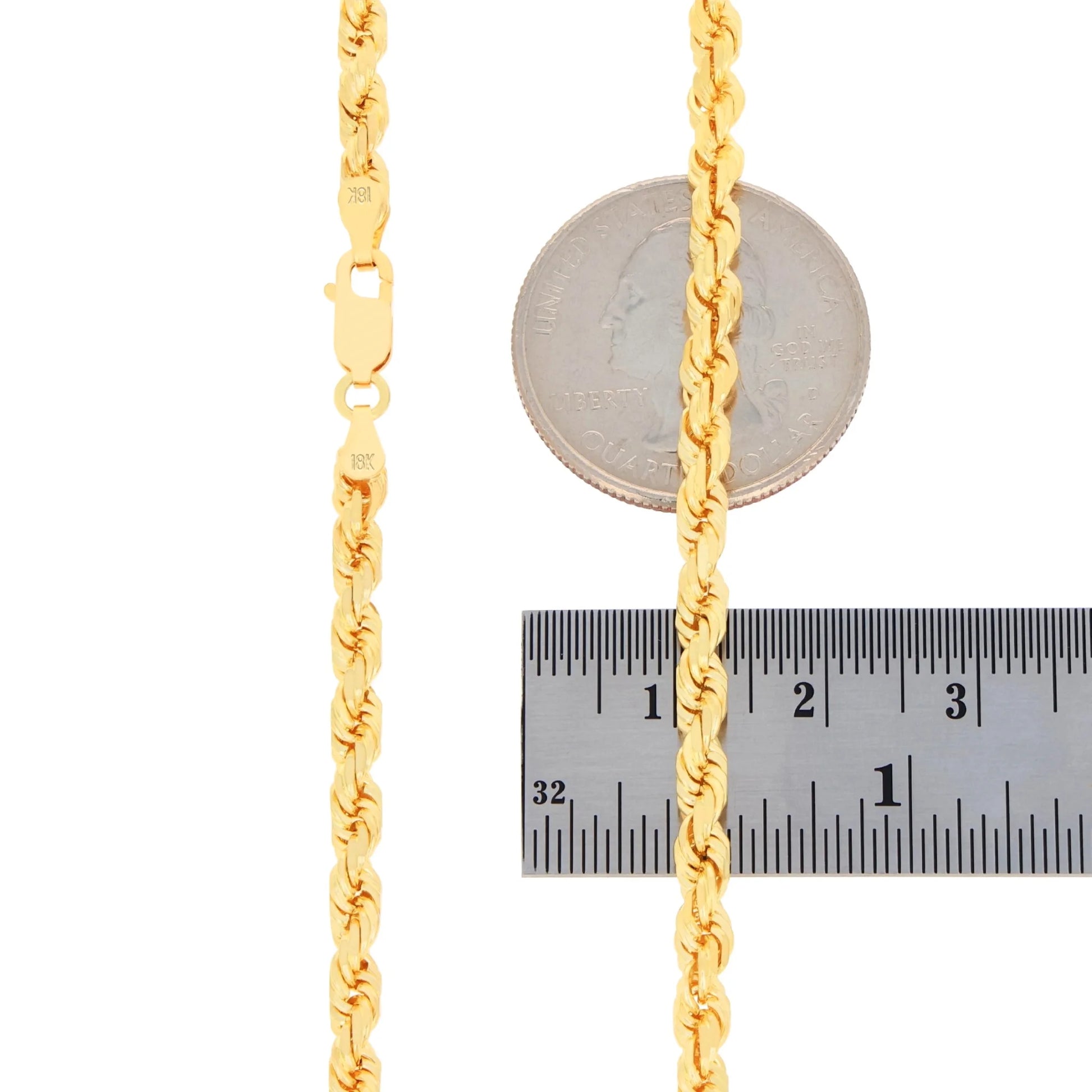 18K Real Yellow Gold 4Mm Rope Chain Diamond Cut Necklace (16"-28") Italian Jewelry for Men & Women