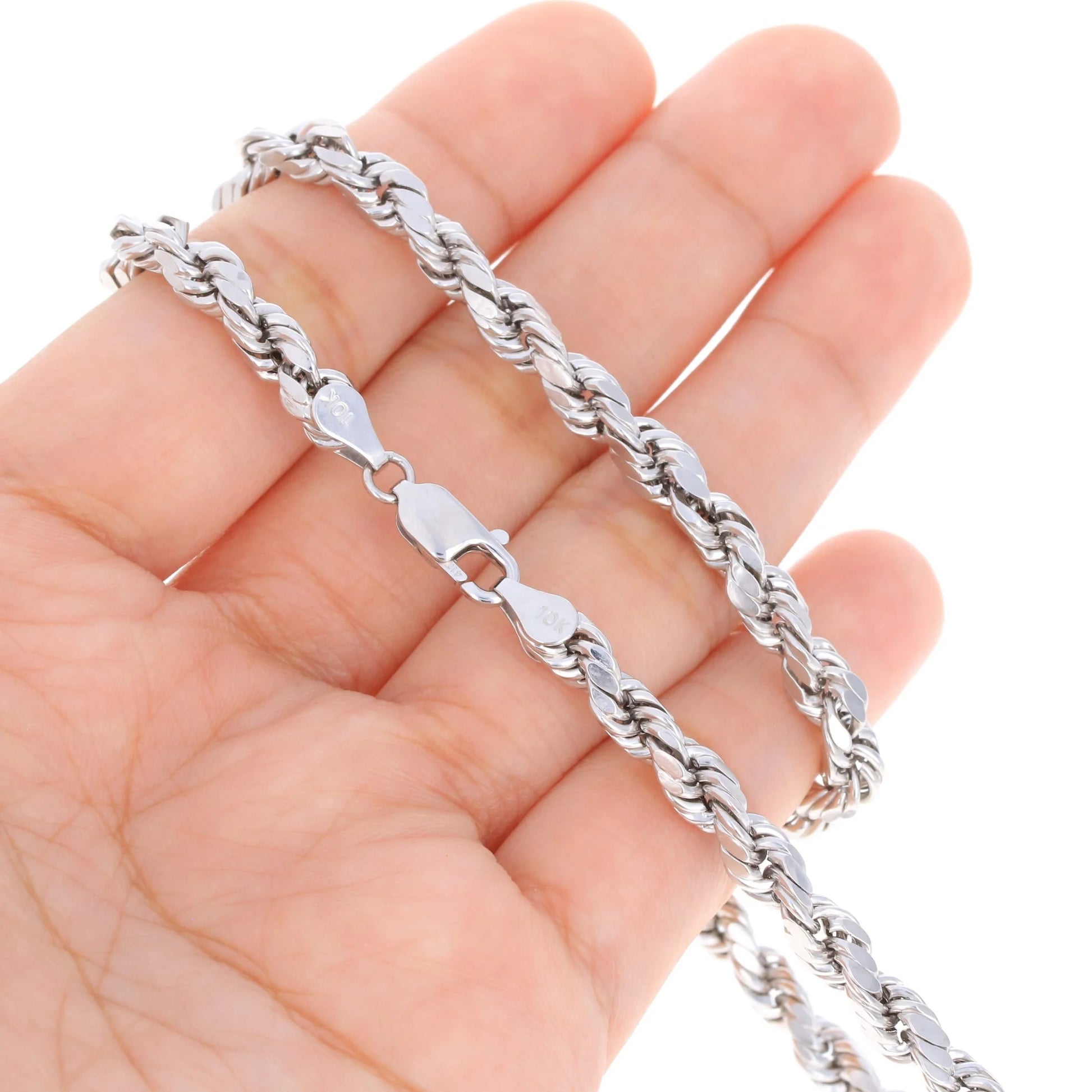 10K Real White Gold 5Mm Rope Chain Diamond Cut Necklace (18"-30") Italian Jewelry for Men & Women